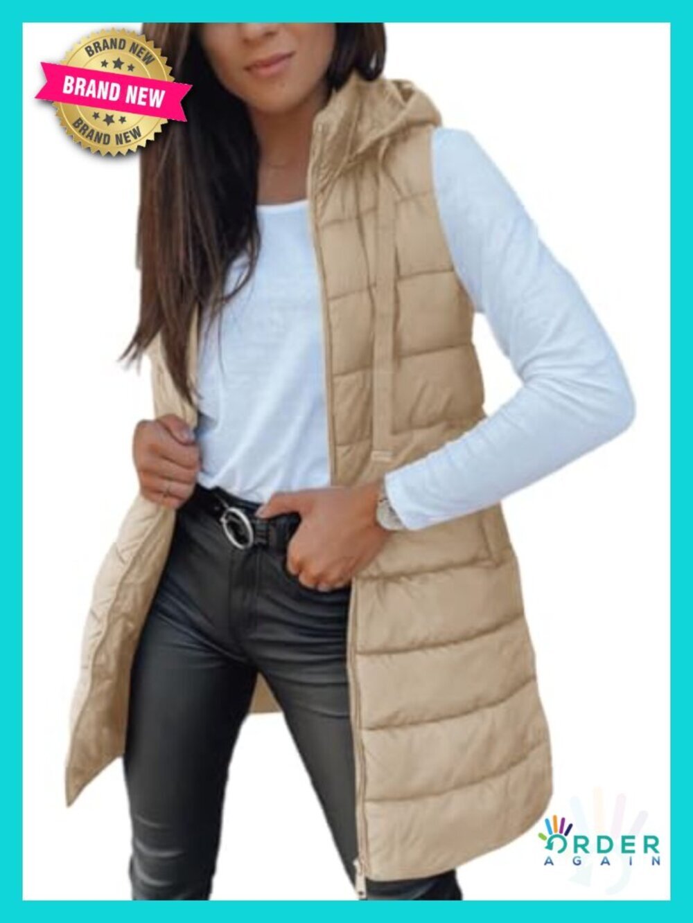 Long Sleeveless Hood Puffer Vest with Pockets